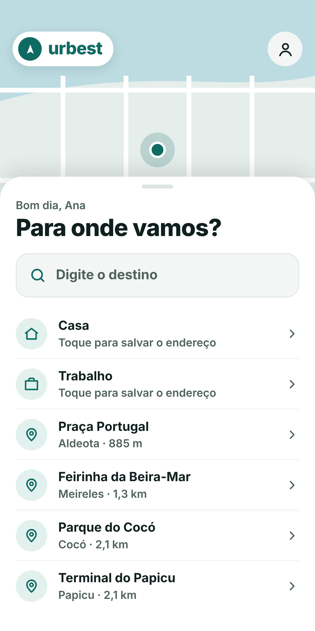 Tela inicial do passageiro: para onde vamos?